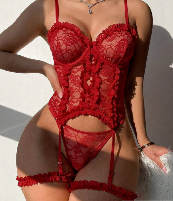 Conjunto de 3 piezas de blusa con encaje romántico sexy clásico + panty + liguero para mujer, adecuado para la temporada de bodas