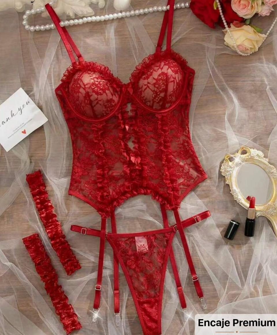 Conjunto de 3 piezas de blusa con encaje romántico sexy clásico + panty + liguero para mujer, adecuado para la temporada de bodas